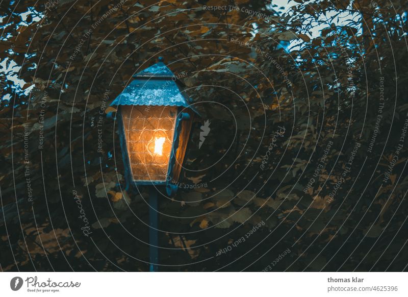 Eiserne Laterne mit Licht lampe latterne Fototechnik Beleuchtung dunkel Stadt Straße Straßenbeleuchtung Nacht Abend Außenaufnahme Laternenpfahl Straßenlaterne