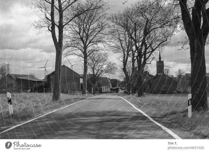 eine Straße führt in einem Dorf . Die Skyline des Dorfes beinhaltet ein Haus, ein Kirchturm und ein Windrad. Windkraftanlage Allee s/w Brandenburg