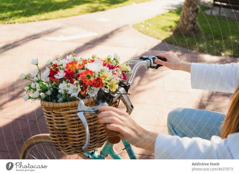 Anonyme Frau mit Fahrrad im Park Mitfahrgelegenheit Weg Blume Wochenende tropisch Stil Sommer lässig Blumenstrauß jung exotisch frisch Blüte Gasse Fahrzeug