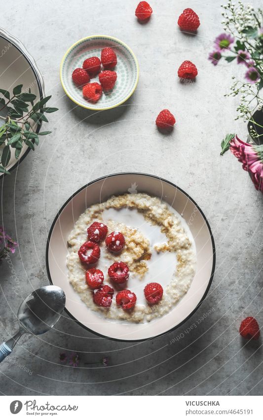 Hausgemachte vegane Porridge-Schale mit Himbeeren selbstgemacht Veganer Haferbrei Schalen & Schüsseln grau Beton Küche Tisch Löffel Beeren Gesundheit Frühstück