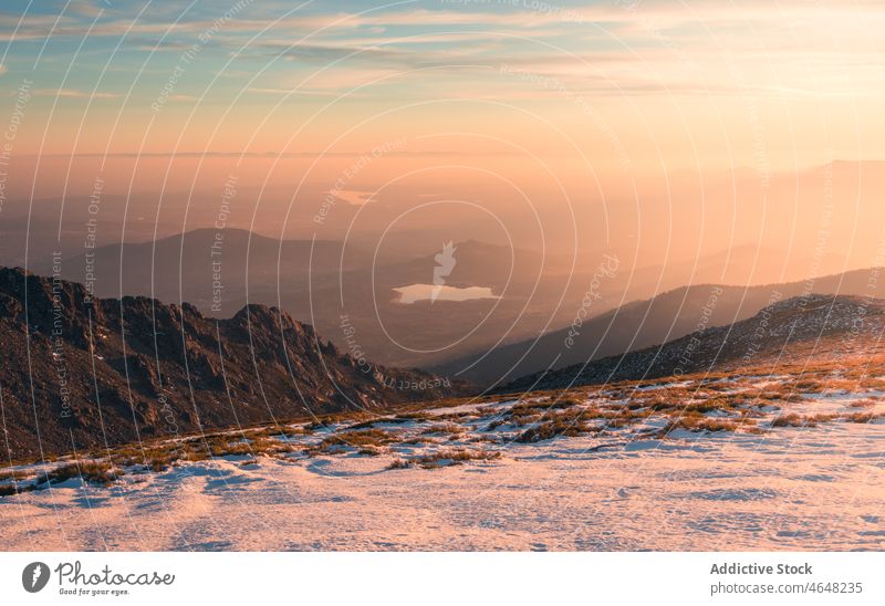 Verschneite Sierra de Guadarrama Berge u. Gebirge Ambitus sierra de guadarrama Natur Winter bola del mundo Schnee Hochland Raureif Felsen Spanien Madrid wolkig