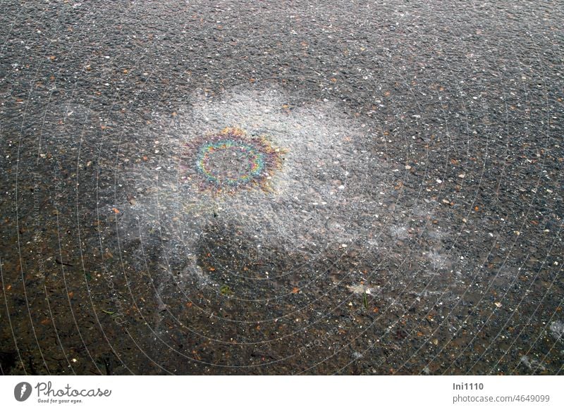 Ölfleck auf dem Asphalt Umwelt Straße Beton Verunreinigung Mineralöl Ölfilm ein Tropfen Fleck Farbspiel ausbreiten regenbogenfarben bunt schimmern