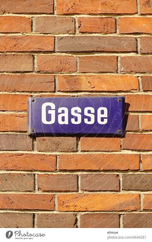 blaues Metallschild mit dem Straßennamen - Gasse - an einer roten Ziegelwand / wohnen Ziegelmauer Straßenschild Orientierung Adresse Schilder & Markierungen