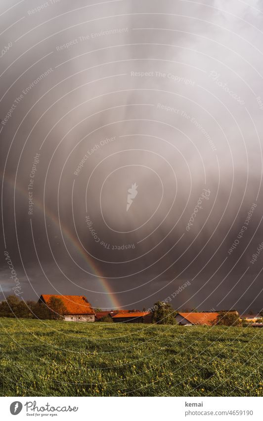 Regenbogen über Bauernhof Land ländlich Wetter grau bunt Wolken Gewitter Sturm Landleben Wiese Gras Unwetter Himmel Natur schlechtes Wetter