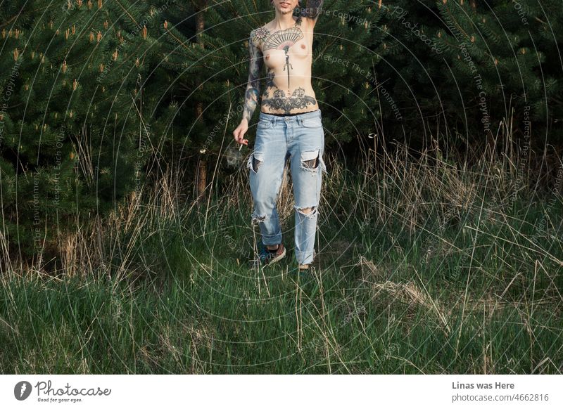 Ein tätowiertes und oben ohne Mädchen hat Spaß im Wald. Nur mit ihren zerrissenen Bluejeans zeigt sie ihre sexy Kurven und maßgeschneiderten Tattoos. Ein erotisches Bild von wilder Natur und noch wilderem Mädchen.