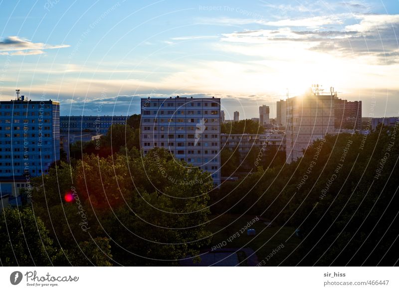 HaNeu Sonnenaufgang Sonnenuntergang Sonnenlicht Baum Park Gebäude Architektur Hochhaus Fassade Stein Beton alt historisch blau braun gold Vergangenheit Reichtum