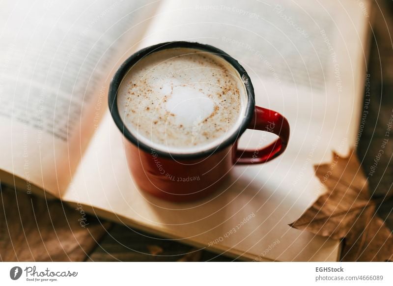 Emaillierter Becher mit Milch und Zimt. Ein Buch im Herbst lesen. Holztisch mit herbstlichen Blättern. Morgenroutine... Fokus auf Kakao und Zimt. melken