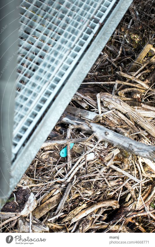 Blick von einer Hängebrücke auf darunterliegendes Schwemmgut aus Bäumen und Ästen. Mit blauem Flip-Flop Brücke Schwemmholz Flipflops diagonal Eisenbrücke Gitter