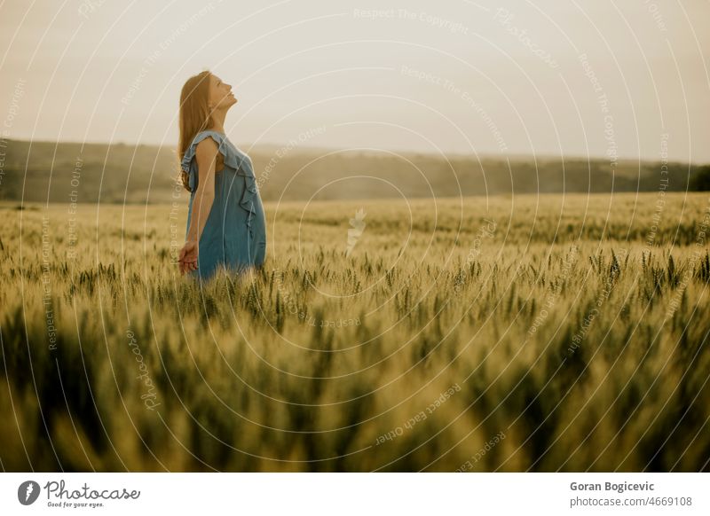 Junge schwangere Frau auf dem Feld Unterleib Erwachsener schön Schönheit Bauch brünett Kaukasier Tag Kleid erwartend Weiblichkeit Fruchtbarkeit Gras grün