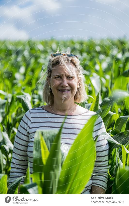 Positive Frau auf einem Feld mit Pflanzen Schonung kultivieren Natur Landschaft wachsen Agronomie vegetieren Vorschein Sommer Lächeln froh positiv Glück heiter