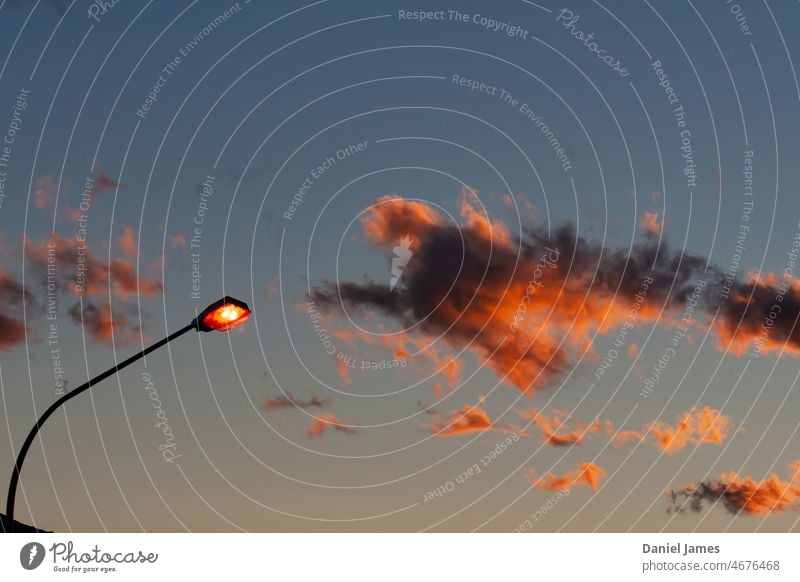 Straßenlaterne bei Sonnenuntergang Straßenbeleuchtung Stadt Beleuchtung Lampe Licht Laternenpfahl Himmel Außenaufnahme Abend orange glühen