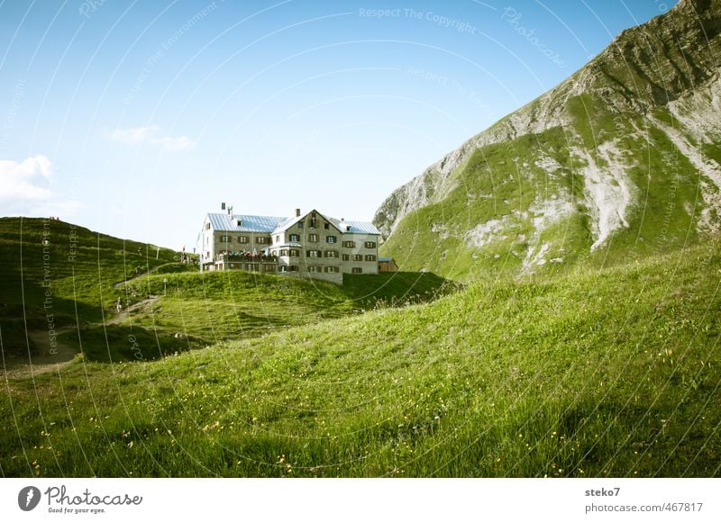 Ries'n Hütten Wiese Hügel Alpen Berge u. Gebirge Haus Idylle Natur Tourismus Ferien & Urlaub & Reisen Berghütte Allgäu Alm wandern Farbfoto Außenaufnahme