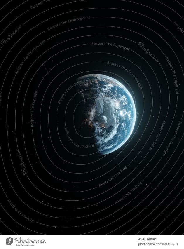 Erde Planet aus dem Weltraum in der Nacht zeigt die Lichter während der Nacht von Europa und Afrika mit der Sonne blühen, 3d Render des Planeten Erde, Technologie und Kommunikation Hintergrundbilder