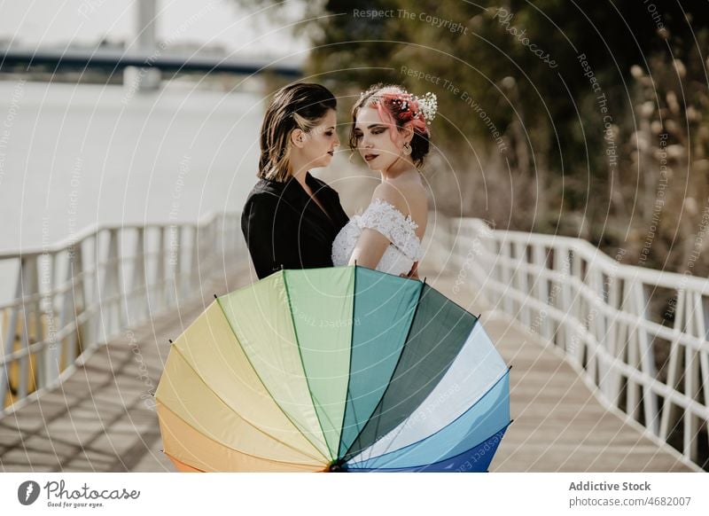 Bräute umarmen sich während der Hochzeit hinter einem Regenschirm Frauen Braut Liebe lesbisch Paar Umarmen Park feiern Zusammensein Umarmung romantisch