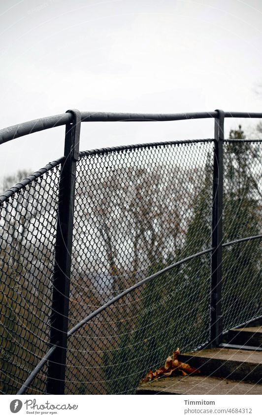 Metallgeflecht als Sicherung Geflecht Draht Zaun Geländer Aufgang Stufen Turm Himmel Wolken Wald aufwärts Treppe Menschenleer Treppenstufen