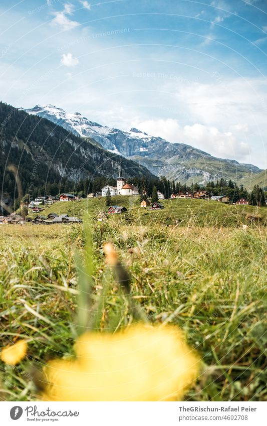 Wiese, Kirche und Berge Weide Berge u. Gebirge Blume Gras Sommer grün Außenaufnahme Wolken