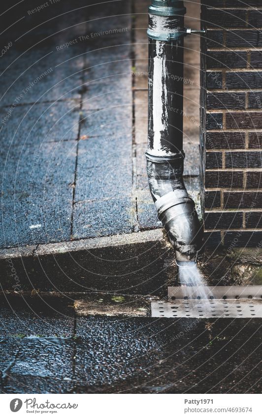 Regenwasser läuft aus einem Fallrohr auf gepflasterten Boden Regenrinne regen Haus Wasser Wand Fassade Mauer Menschenleer Tag grau Metall Gebäude Architektur