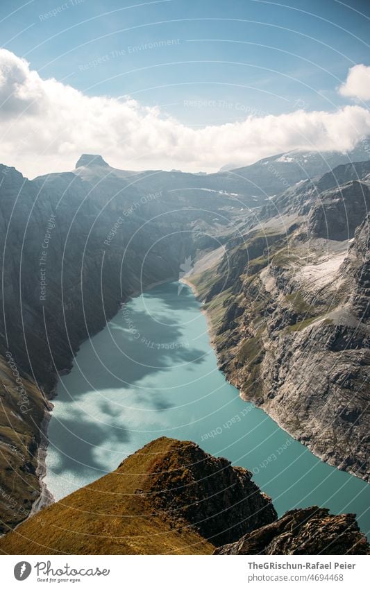 See vor Bergpanorama Stausee Alpen Berge u. Gebirge Landschaft Natur Wasser Außenaufnahme Aussicht Panorama (Aussicht) wandern Glarus limmernsee blau Felsen