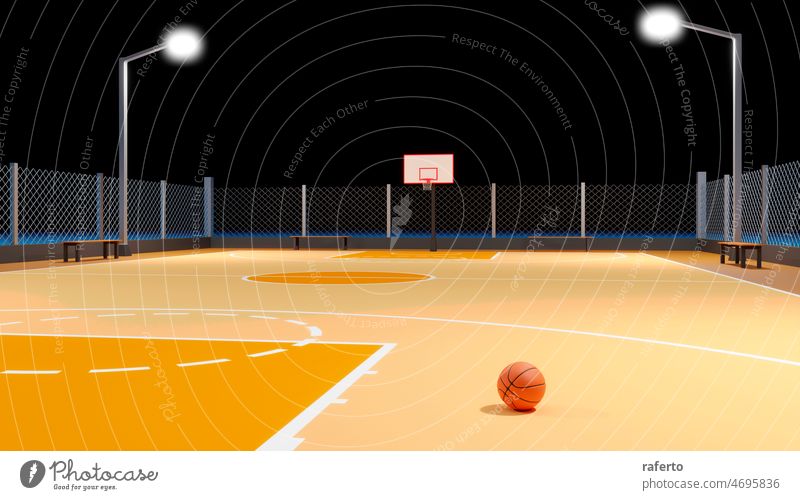 Straße Basketballplatz. Sport-Team-Konzept. 3d Rendering. Gericht Korb Spiel urban Netz Park Konkurrenz Ball spielen Reifen Großstadt Gerät Spielplatz