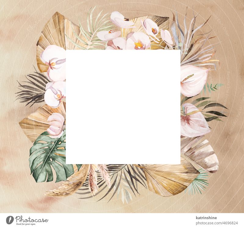 Aquarell böhmischen quadratischen Rahmen mit getrockneten Blättern und tropischen Blumen Illustration Wasserfarbe Boho Hochzeit Grafik u. Illustration beige