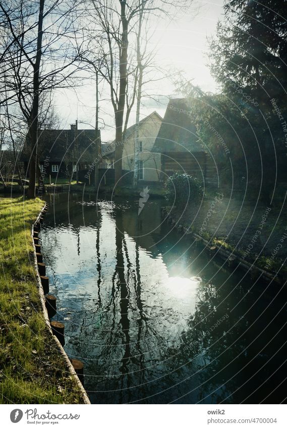 Spreewaldabend Lehde Ruderboot Idylle ruhig Menschenleer Landschaft Himmel Wolken Umwelt Schönes Wetter Gebäude Haus Dach Zufriedenheit Außenaufnahme Dorf Fluss