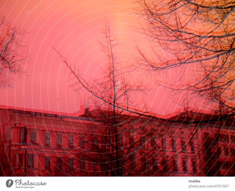 Farbiges Spiegelbild einer Stadtszene II urban Großstadt Gebäude Stadtbild Haus Stadtzentrum Baum Spiegelung bunt verschwommen doppelt Doppelbelichtung