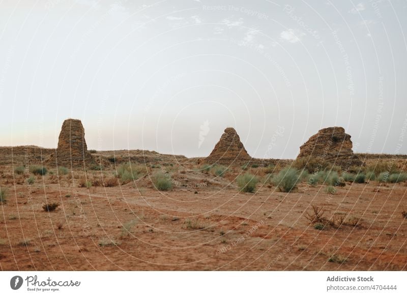 Wüstenlandschaft mit felsigen Formationen wüst trocknen Buchse Klippe Felsen Vegetation trocken vegetieren wasserlos unfruchtbar Dürre Gras Land Gegend Umwelt