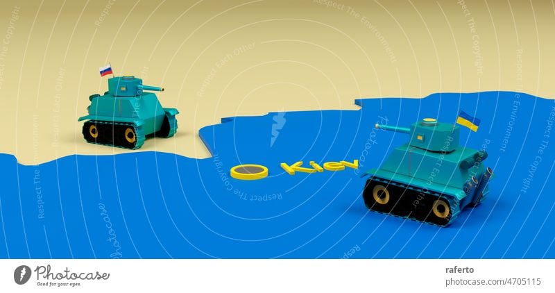 Karte der Ukraine. Russische Panzer überquert die Grenze wegen der russischen Invasion in der Ukraine. 3D-Illustration Kiew Krise Militär Krieg Waffe Ukrainer