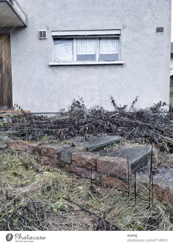 Verwahrlostes Haus Nummer 5. Mit Gardinen im Fenster. Eine hängt schief. verwahrlost lost places heruntergekommen Verfall kaputt alt Wandel & Veränderung