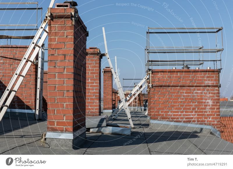 Blick über ein Altbaudach mit vielen Schornsteinen Berlin Pankow Dach Stadt Außenaufnahme Tag Haus Farbfoto Altstadt Architektur Menschenleer