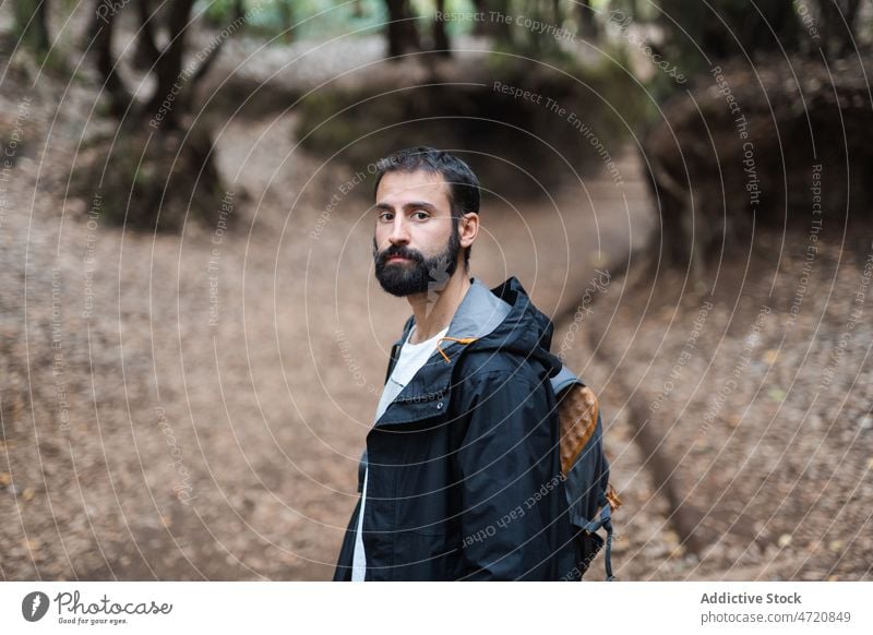 Mann mit Rucksack im Wald Reisender Tourist Weg Wälder Natur Zeitvertreib Backpacker Wanderung Ausflug Wanderer reisen erkunden Baum Trekking Hain Wachstum