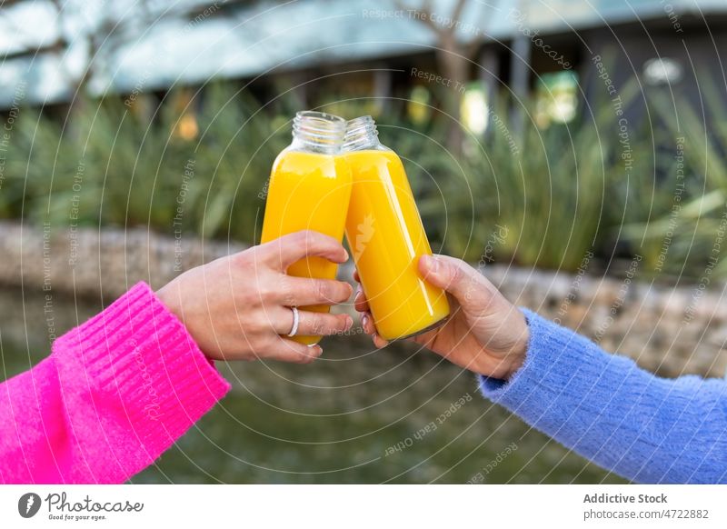 Anonyme Frauen, die mit Saft anstoßen Freund Park Röstung Bonden Zeit verbringen Großstadt Freundschaft Teich Flasche freie Zeit feminin Sommer Freundin