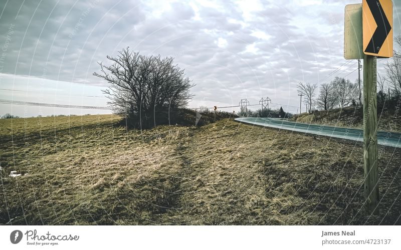 Ein düsterer Tag mit dieser Kurve auf der Straße Herbst Frühling natürlich Farbe Stromleitung Natur trostlos Hintergrund Beitrag Pflanze Baum Verkehrsschild