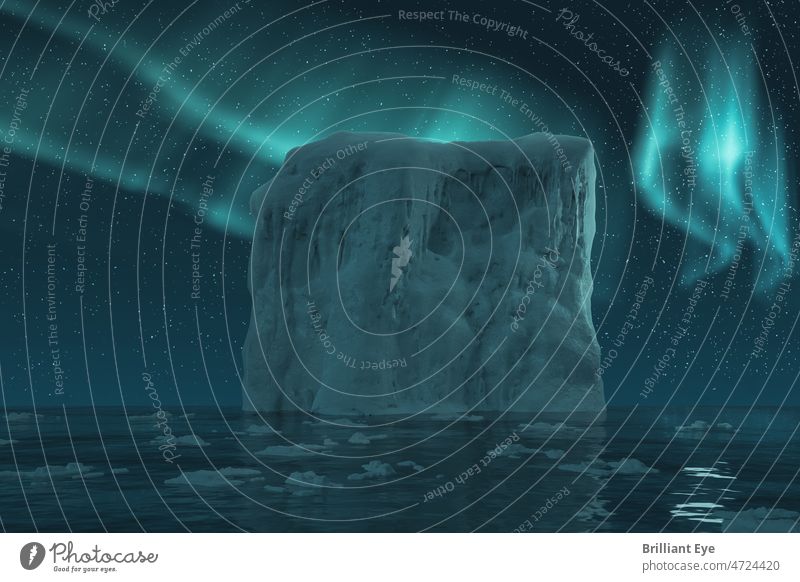 großer Eisberg umgeben von Eisplatten und beleuchtet von einem Sternenhimmel mit Polarlichtern 3D-Rendering arktische Hintergrund schön blau Pause übersichtlich