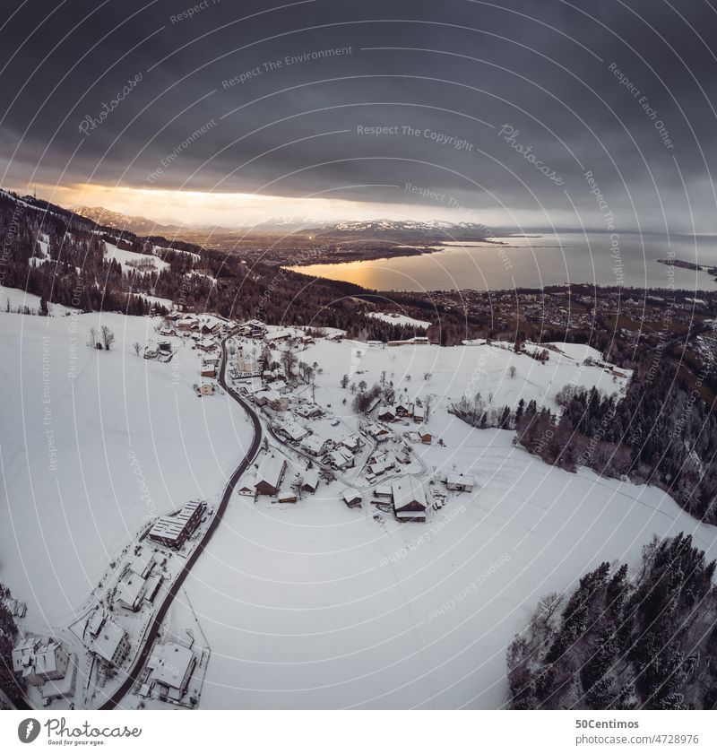 Abendstimmung über dem Bodensee Schneedecke Wintertag Schneelandschaft Winterstimmung Nebel Weitwinkel Panorama (Aussicht) Starke Tiefenschärfe Sonnenlicht