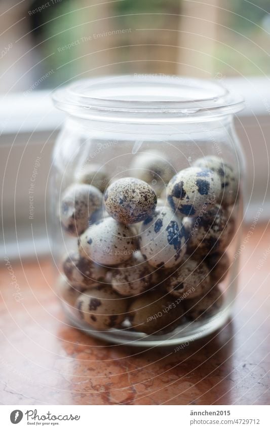 Ein Glas mit Wachteleiern steht auf einer Fensterbank Ostern Eier Frühling Behälter Feiern Jahreszeiten Osterei Feste & Feiern Tradition Dekoration & Verzierung