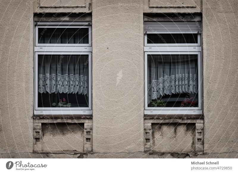 Zwei Fenster mit altmodischen Gardinen Haus altes haus altes Haus Architektur Gebäude Fassade Vergangenheit Vergänglichkeit Verfall Mauer