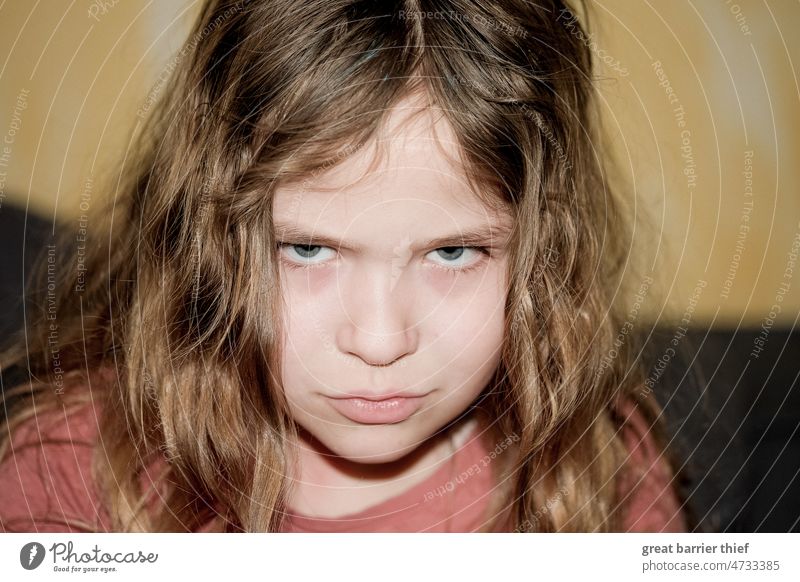 Mädchen mit finsterem Blick Kind Kindheit Blick in die Kamera lockiges haar Locken Schulkind böse schlecht gelaunt Mimik Gesicht Kindergesicht Blick nach vorn