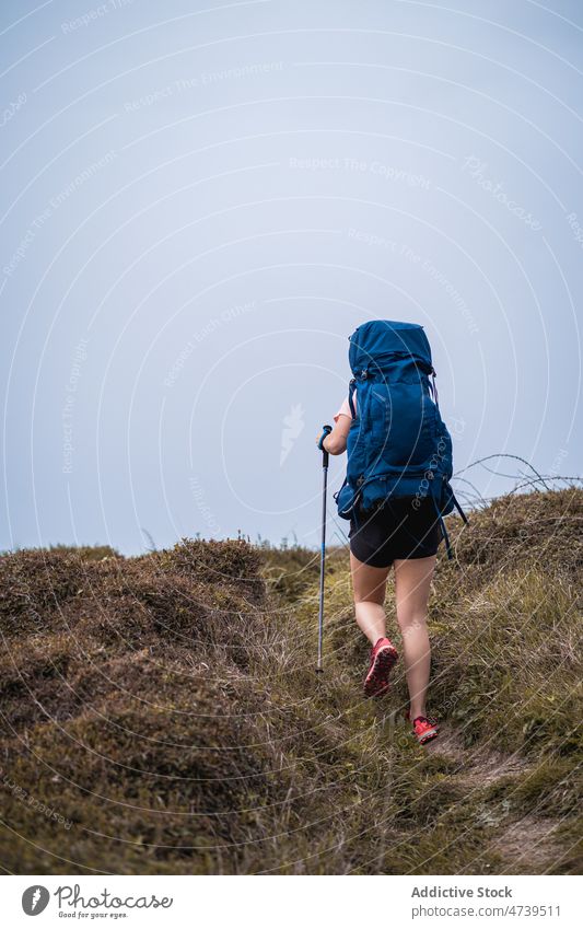 Anonyme Frau mit Trekkingstöcken in der Natur Wanderer Spaziergang Mast Abenteuer Reise Rucksack Aktivität Wanderung erkunden Sommer positiv Backpacker kleben