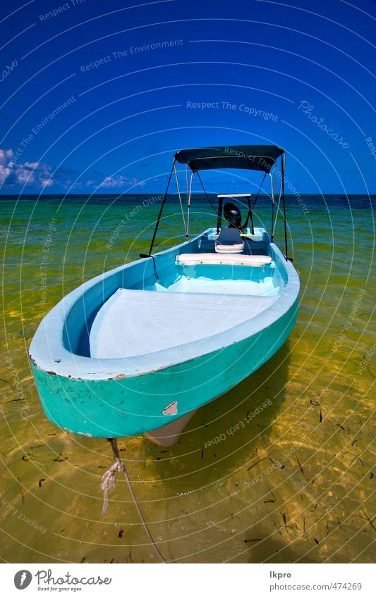 und Boot von sian kaan in mexiko Erholung Ferien & Urlaub & Reisen Ausflug Sommer Strand Meer Insel Wellen Seil Sand Himmel Wolken Küste Wasserfahrzeug Segel