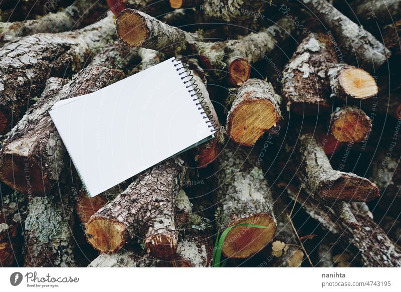 Modellieren mit weißem Papier über einer Holztextur hölzern Textur Attrappe Hinweis Notebook Postkarte blanko Whitepaper leer Leerraum Raum Negativraum Natur