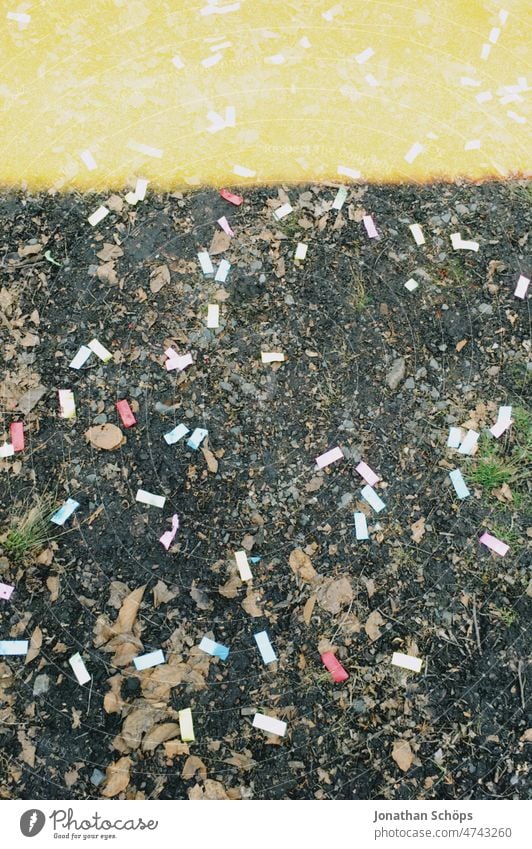 buntes Konfetti auf dem Waldboden Boden Draufsicht Feiern Party Freude Geburtstag Feste & Feiern Karneval Dekoration & Verzierung feiern Fröhlichkeit