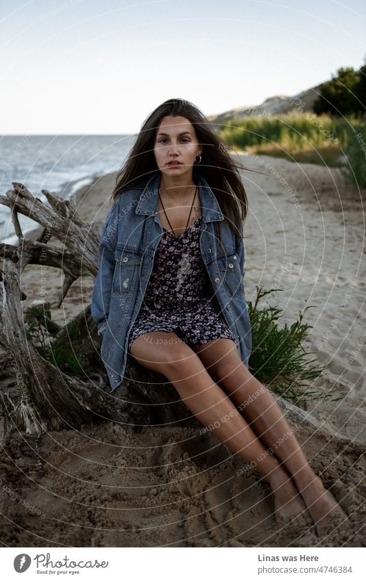 Ein modisches Mädchen in blauen Jeans und einem Sommerkleid schaut direkt in die Kamera. Ein malerischer Hintergrund der Goldenen Dünen in Nida, Litauen. Es ist nicht schwer, die Sommerbrise in diesem Bild zu spüren.