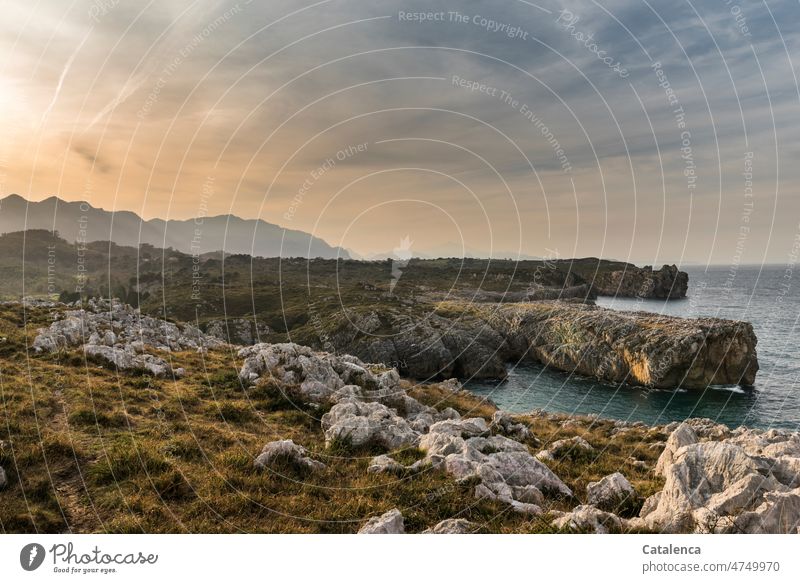 Klippenlandschaft am Meer Tageslicht Küste Wasser Türkis Grau Licht Bucht Natur nass Erholung Urelemente Ferien & Urlaub & Reisen ruhig Wolken Himmel Horizont