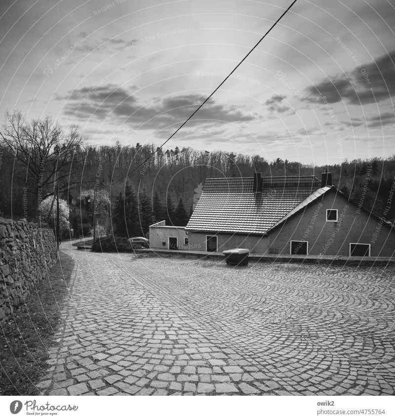 Abschüssig Dorfidylle Pflasterstraße Dächer Dorfstraße Baum Laubbaum Himmel Haus Fassade Kopfsteinpflaster Gebäude Straße Außenaufnahme alt ruhig einfach