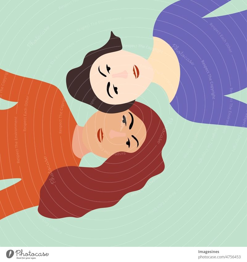 Pärchen Frauen lügen. Zwei Frauen in der Liebe, interracial Schwesternschaft und Frauen Freundschaft. Konzept der Beziehungen, Familie, Romantik. Valentinstag, Datum und Liebe. Charakter Illustration