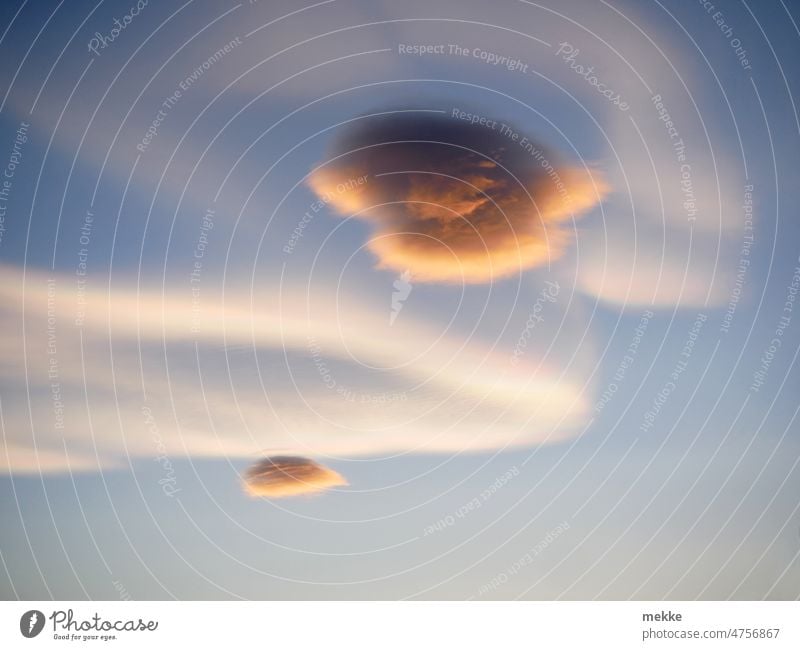 pastellfarbiges Wolkengemisch - Lenticularis und Perlmuttwolken altocumulus lenticularis Permuttwolke Stratosphärenwolke irisierend Sonnenuntergang meteorologie