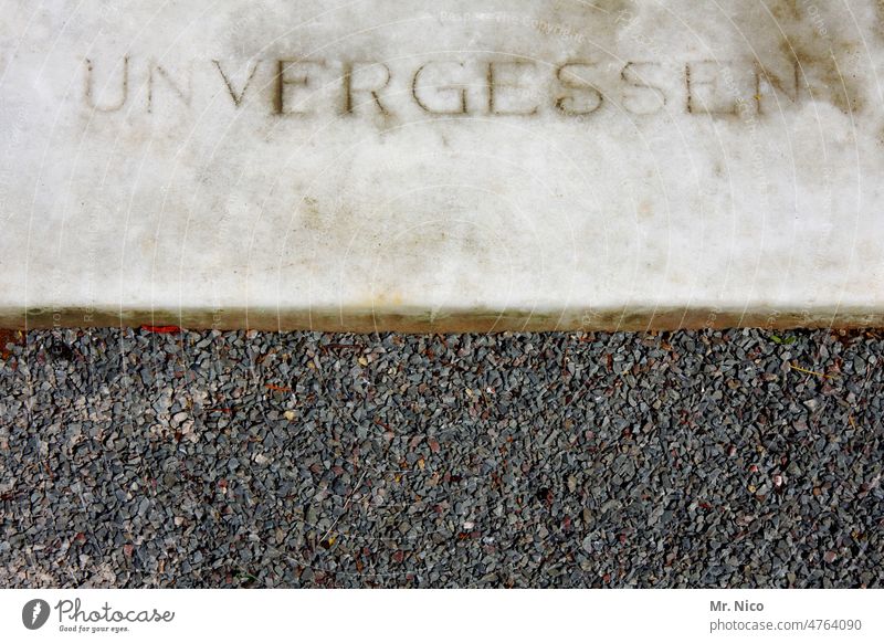 Unvergessen unvergessen Grabstein Marmor Schriftzeichen Inschrift Friedhof Tod Trauer Vergänglichkeit Grabmal Traurigkeit Ewigkeit Stein Kieselsteine Granit