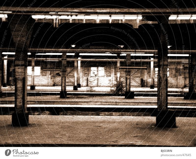 the lost #05 Fabrik Gebäude dunkel gruselig Einsamkeit Mauer Außenaufnahme Gleise Bahnsteig Bahnhof güthernahnhof leerstehend Säule Wege & Pfade Architektur