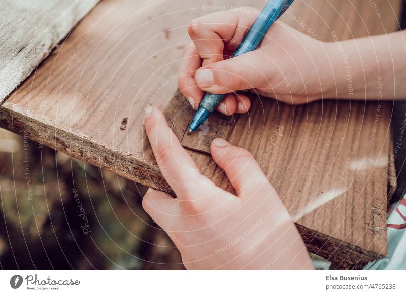 Naturmaterialien in Verbindung mit Büromaterialien. kind spiel schreiben natur naturverbunden kuli blau holz holztisch schreibt draußen Reflexion & Spiegelung